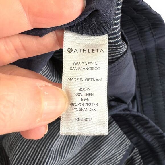 Athleta Navy Blue Stripe Bali 100% Linen Ankle Pull On Pant Women's Size 10 - Picture 8 of 9